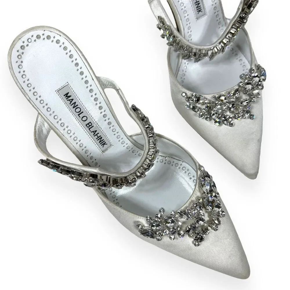 Manolo‎ Blahnik Lurum 90 Crystal-embellished White Satin Mules Heels Size 6.5
